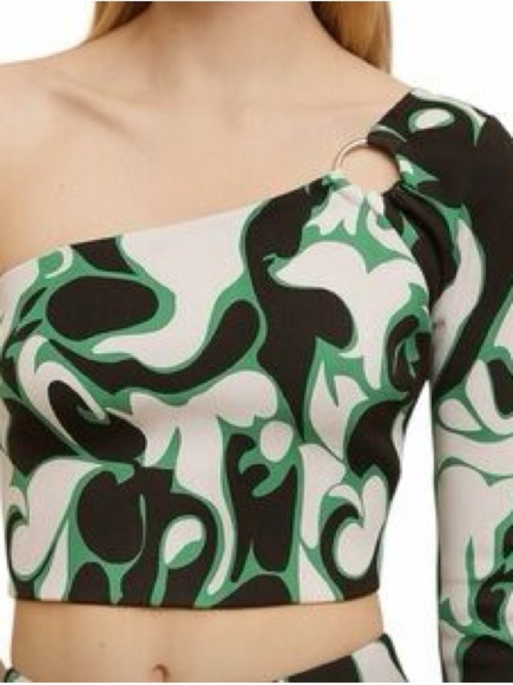 NWT ZARA One-Shoulder Crop Top with Ring Detail - Green Black White Print
